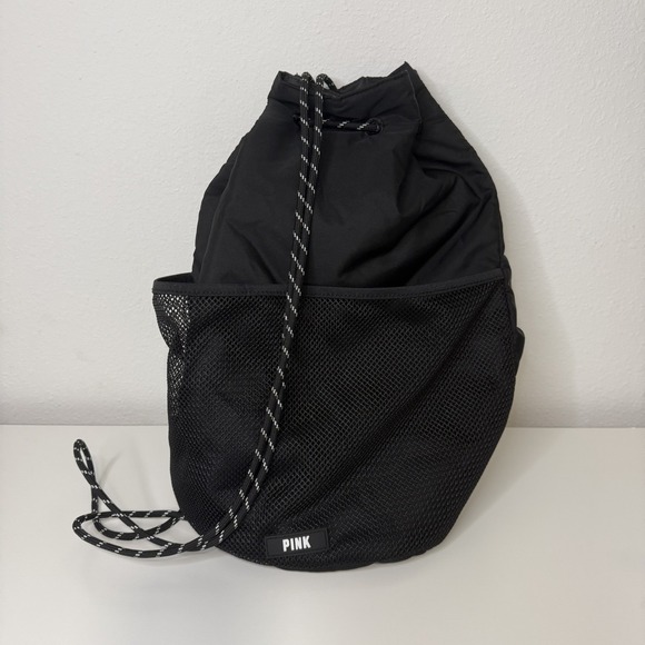 Victoria's Secret PINK Handbags - Victoria Secret PINK Draw String Mesh Pocket BAG Backpack BLACK GYM SCHOOL